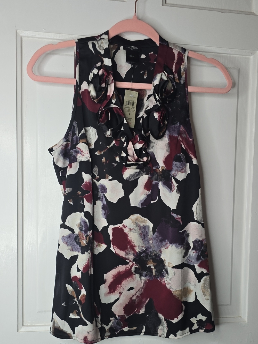 Ann Taylor Black Floral Ruffle-Front Sleeveless Camisole